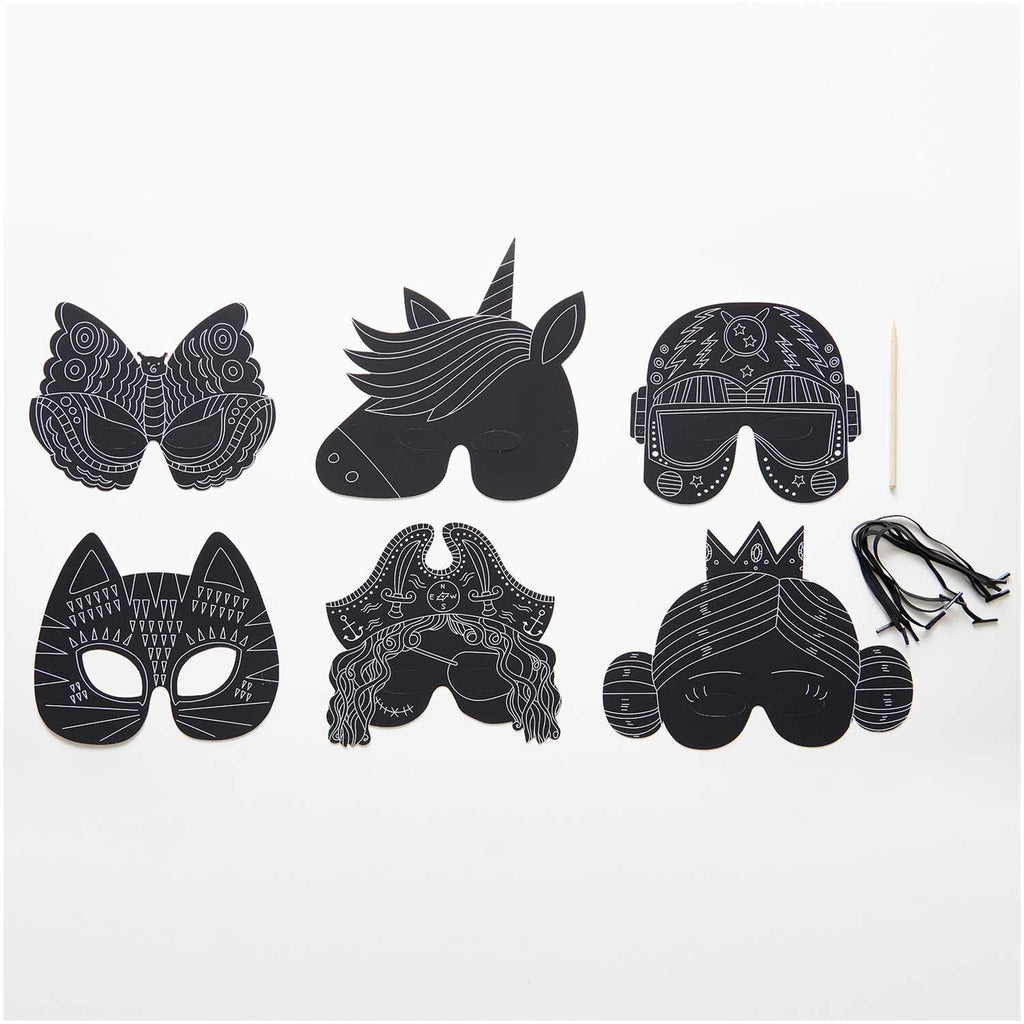 Paper Poetry Kratzpapier Masken Set 6 Stück mit Holzkratzer