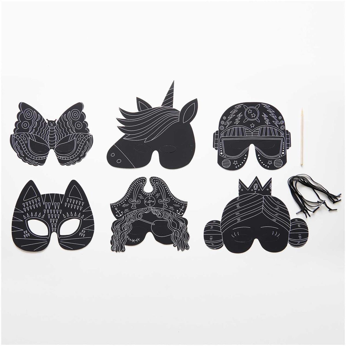 Paper Poetry Kratzpapier Masken Set 6 Stück mit Holzkratzer